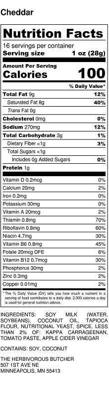Nutritional facts and ingredient label for vegan sliced cheddar cheese