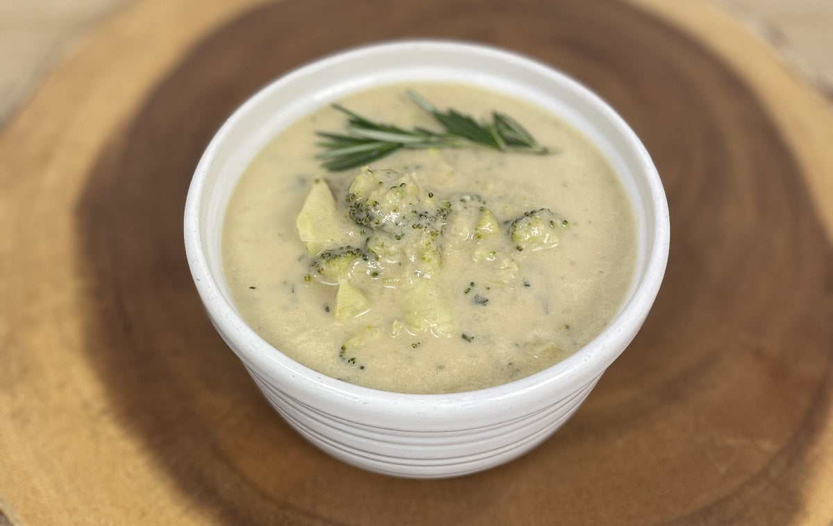 bowl of vegan dairy free broccoli cheese soup