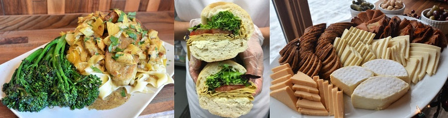 banner image of three different vegan dishes: chicken and broccolini, sub sandwich, and charcuterie platter