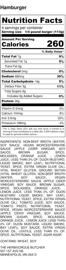 Ingredient and nutritional fact label for vegan burgers