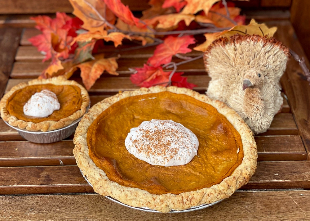 one large and one small vegan pumpkin pie topped with whipped cream with fall decorations