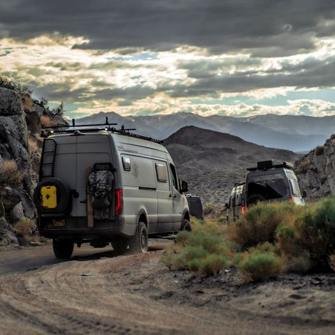 TerraX van driving in convoy on sprinter van overland trip