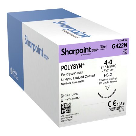 Surgical Specialties G422N Absorbable Suture with Needle PolySyn Polyglycolic Acid 3/8 Circle Precision Reverse Cutting Needle Size 4 - 0 Braided