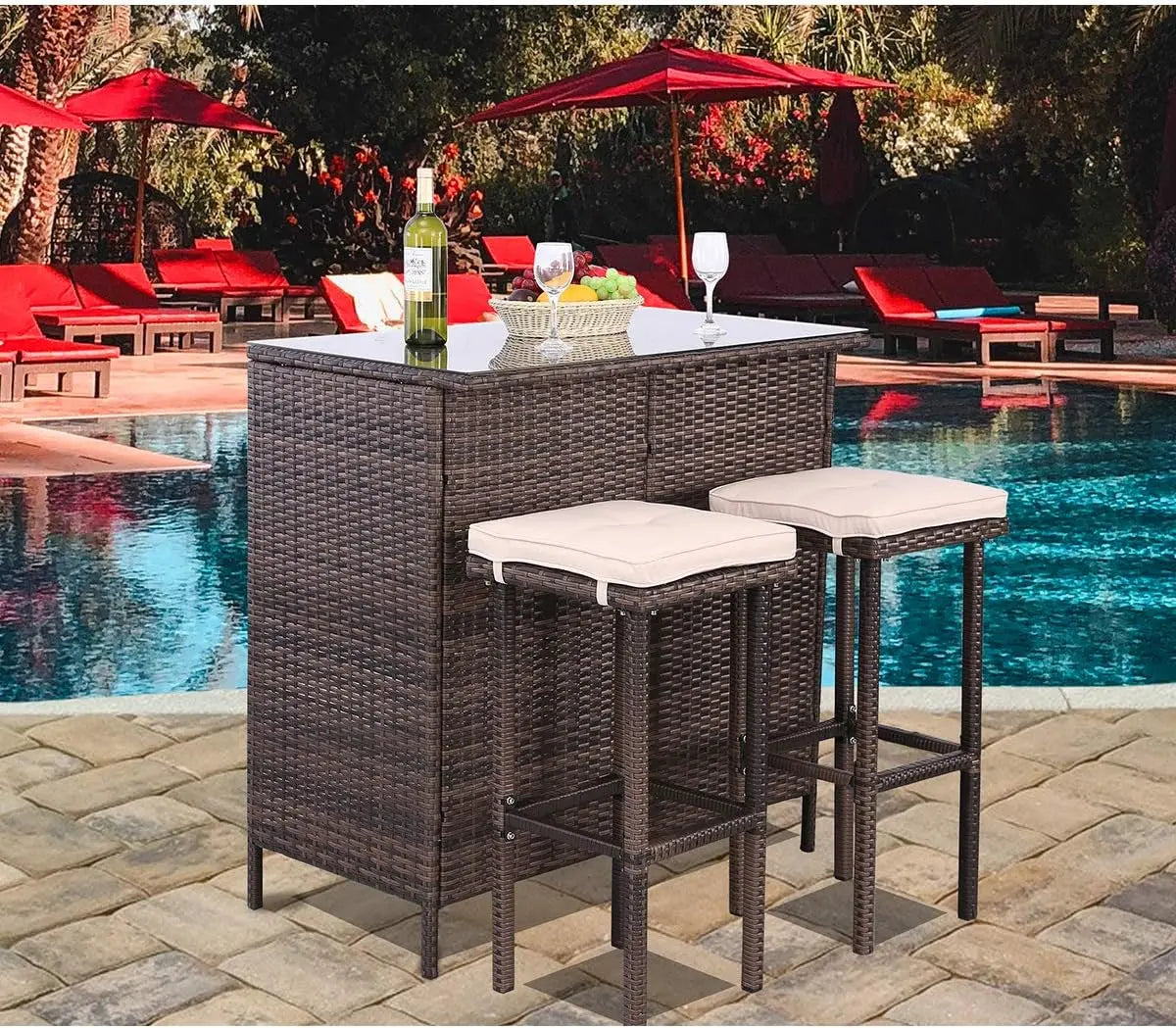 3PCS Patio Bar Set with Stools and Glass Top Table, Wicker Outdoor Furniture with Beige cushion