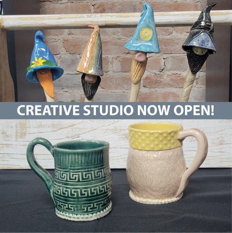 Gnome Garden Stake and Stoneware Mug Classes in our New Studio!