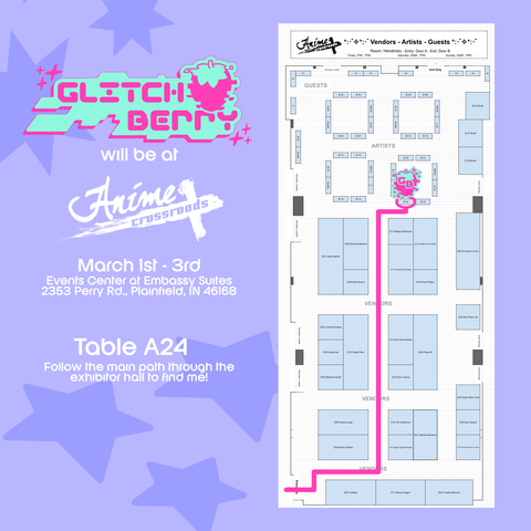 Map of Anime Crossroads exhibitor hall layout with a line leading from the entrance door to GlitchBerry's booth