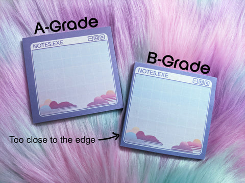 Comparison between A-Grade and B-Grade sticky notes, pointing out that the B-Grade has an off-center print