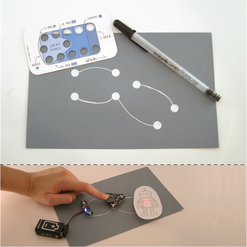 Silver conductive ink on paper shows a simple blinker circuit