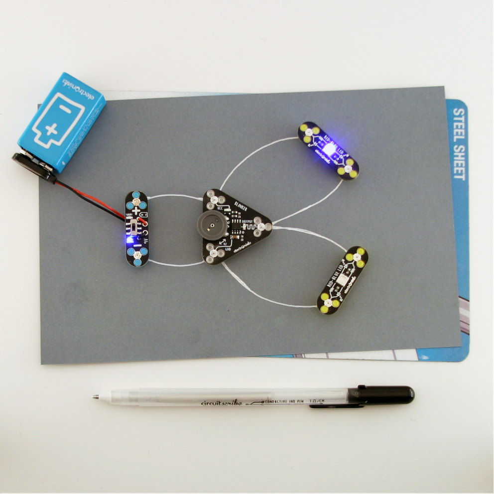 A power module, blinker module and two red-blue LED modules circuit made with silver ink