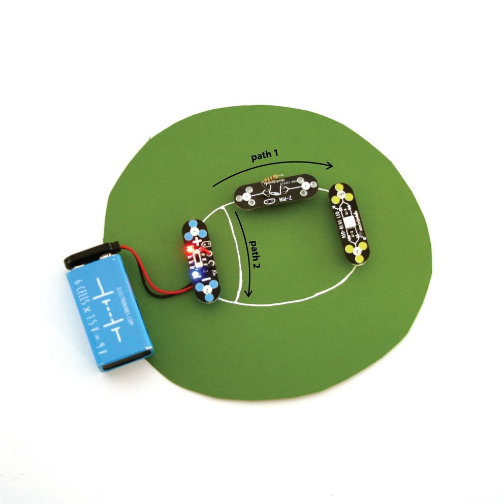 A circuit on paper made with circuit scribe conductive silver ink with an added path drawn to create a short circuit- using 1 power module, 1 red-blue LED module and 1 DIY connector module with resistor inserted on top