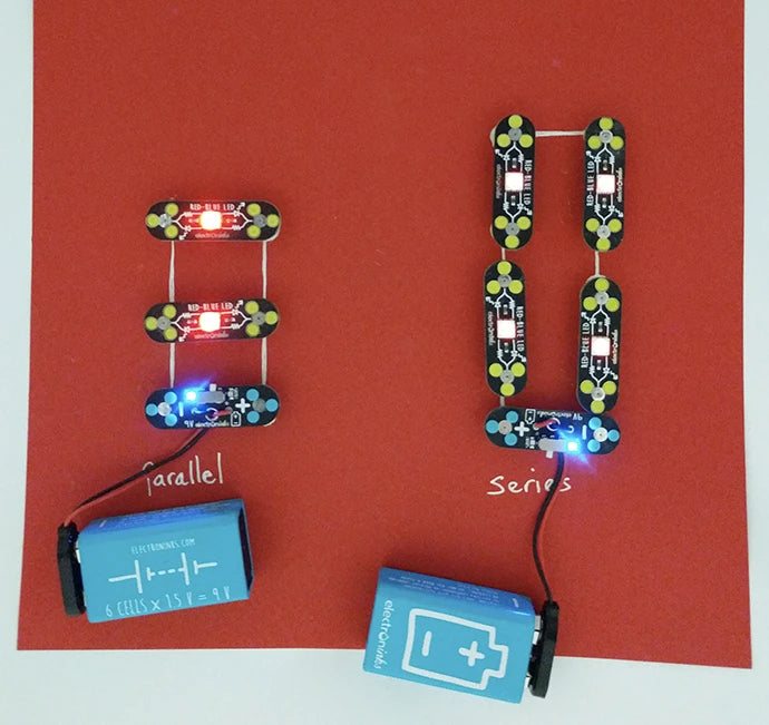 Circuit Scribe ink and modules showing a parallel circuit next to a series circuit