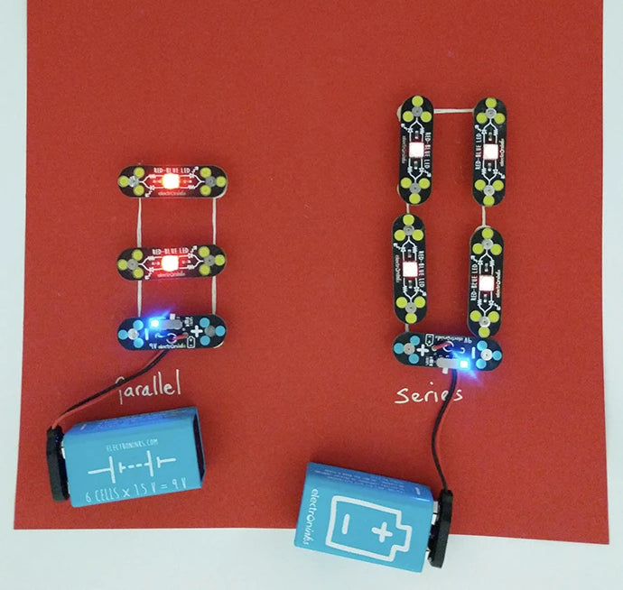 Circuit Scribe ink and modules showing a parallel circuit next to a series circuit