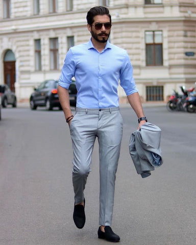 Grey Pants with sky blue shirt combination