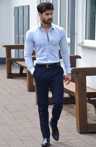 Navy Blue Pants with sky blue shirt combination
