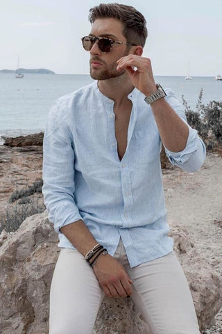 White Jeans with a Sky Blue Linen Shirt combination