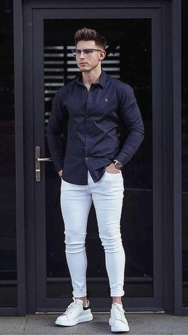 denim jeans with solid shirt colour men