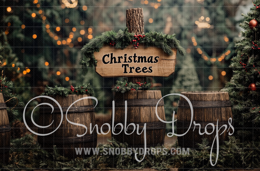 Christmas Tree Farm with Barrels Fabric Backdrop