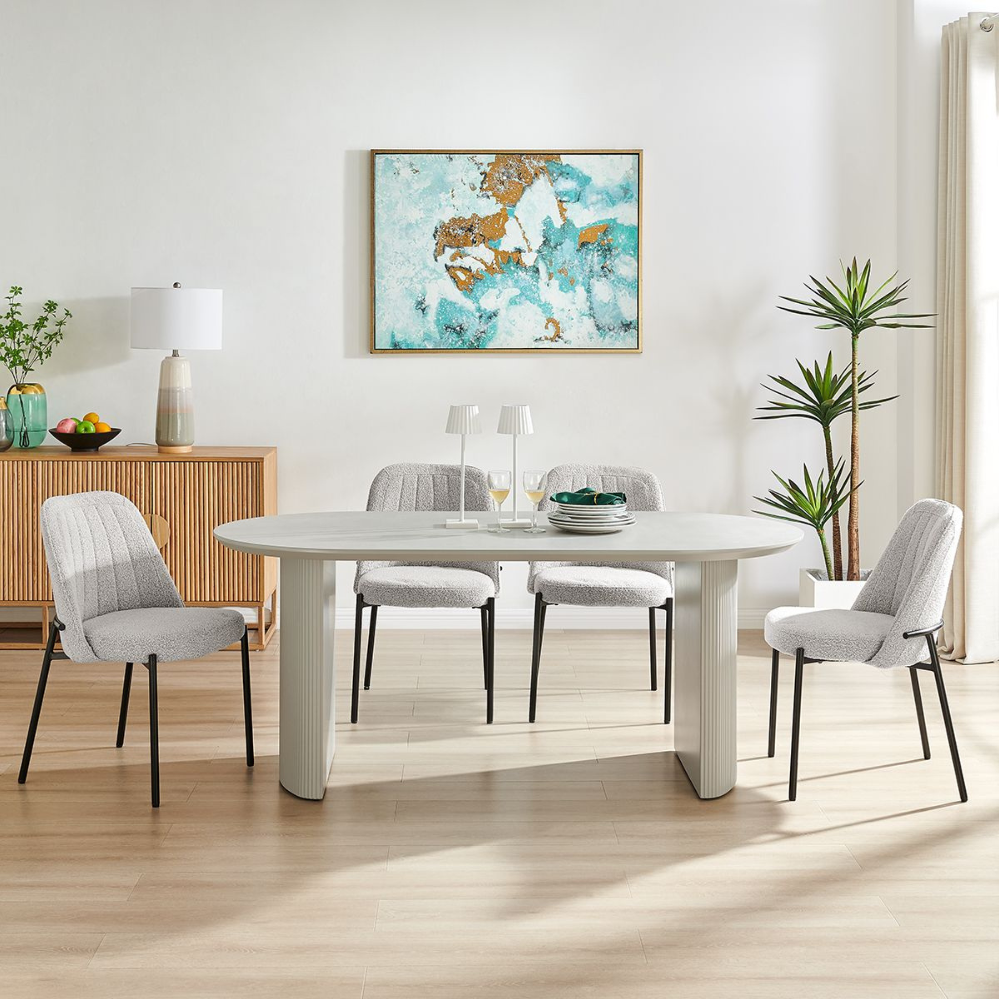 Light Grey Wooden Dining Table with Ribbed Wooden Base - Modish Furnishing product image