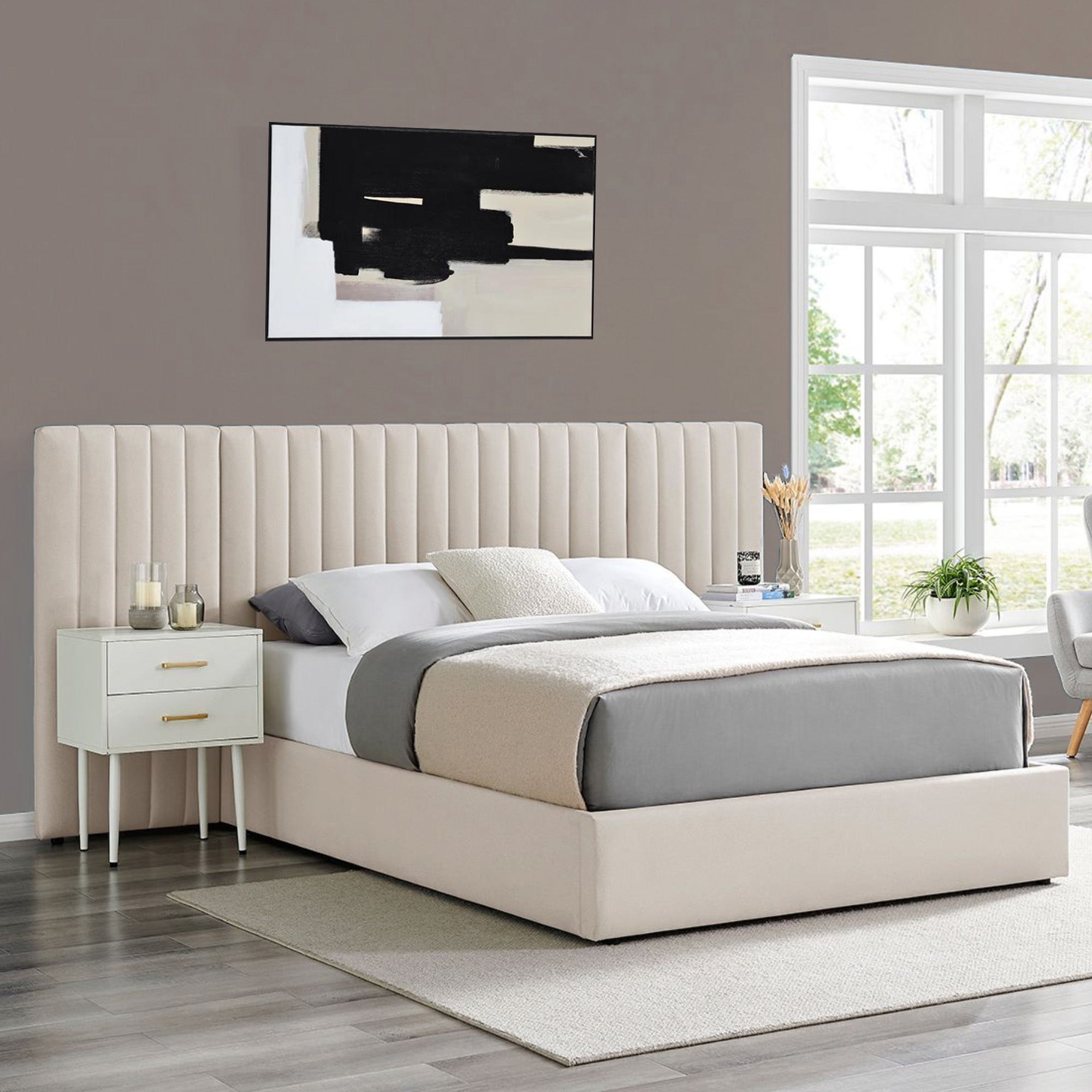 Inaya Beige Wide Panel Fabric Headboard Ottoman Storage Bed King Size - Modish Furnishing product image