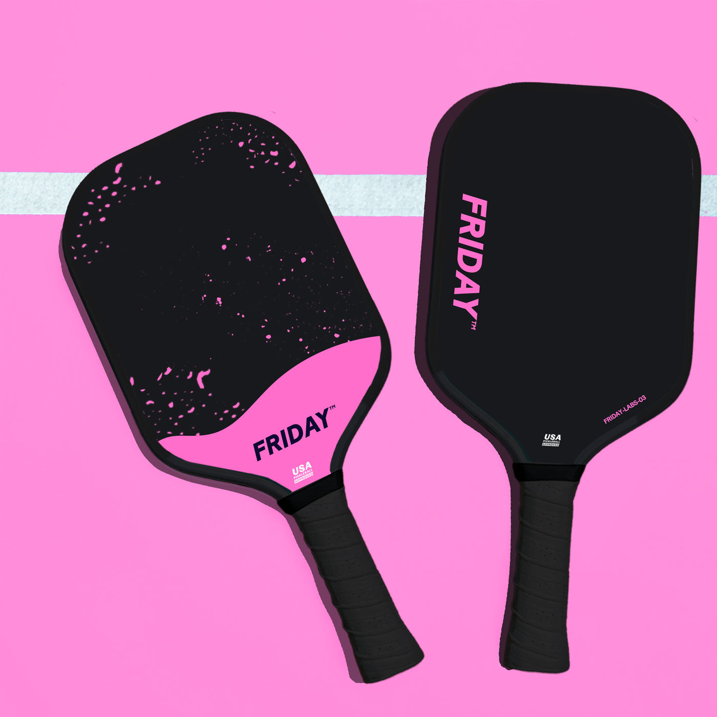 Two black pickleball paddles with 'FRIDAY' branding on a pink background.