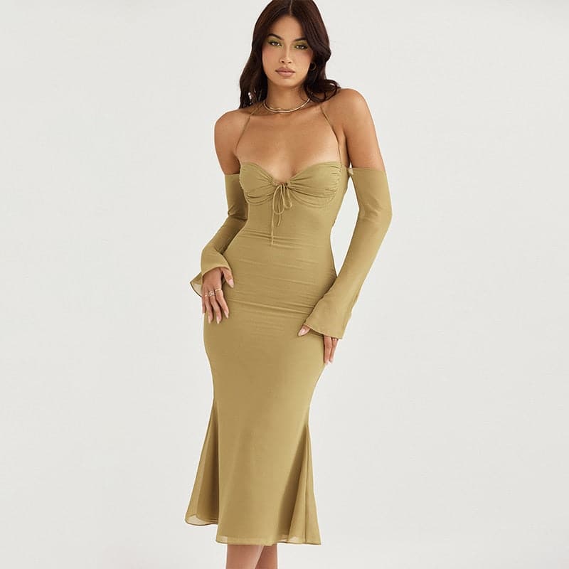 Lace Up Halter Backless Bodycon Midi Dress - OLIVIONI product image