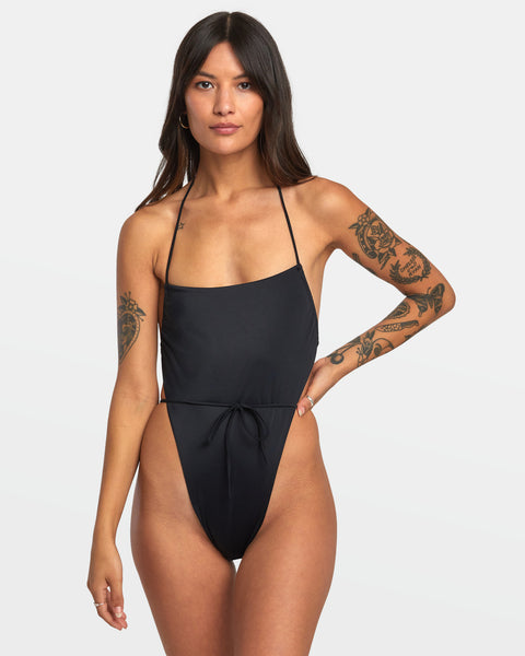Binded Solid Cheeky Seat T-Back One Piece Swimsuit - RVCA Black –