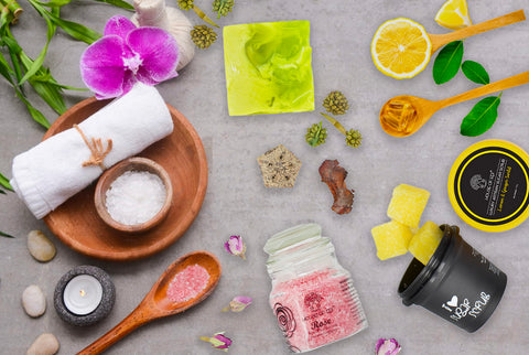 Image- a picture of self care products like sugar scrub made from natural ingredients for detanning nad pampering yourself .