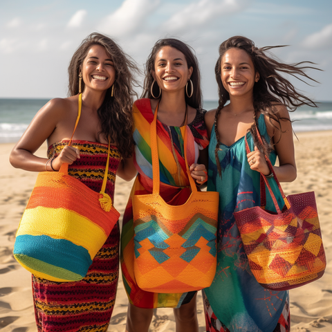 smiling women wearing wayuu bags from tierra guajira shop