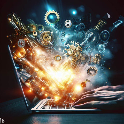 Deux mains tapant sur un clavier d'ordinateur avec de nombreux outils sortant de l'écran, une image futuriste symbolisant l'efficacité obtenue grâce à une formation en intelligence artificielle
