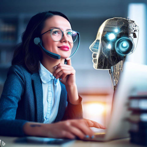 Une femme qui assure le service à la clientèle avec une tête de robot qui sort de son ordinateur. Cette image met en évidence la possibilité de gagner de l'argent avec ChatGPT en offrant un service clientèle efficace et assisté par la technologie robotique.