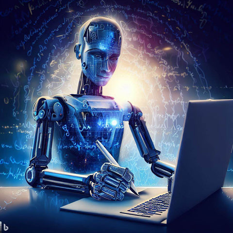 Un robot écrivant un article assis devant son ordinateur pour écrire un article avec ChatGPT