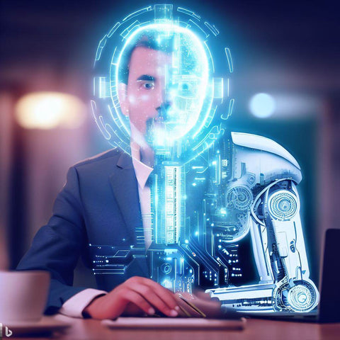 Une image d'un homme en complet à moitié robot, qui sert comme générateur de contenu pour son entreprise