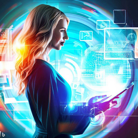 Une femme qui analyse des données sur sa tablette dans un environnement futuristique d'IA, illustrant l'application du marketing de contenu à la technologie avancée.