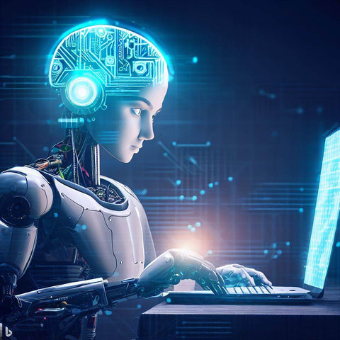 Une robot féminin qui écrit à l'ordinateur une formation intelligence artificielle.