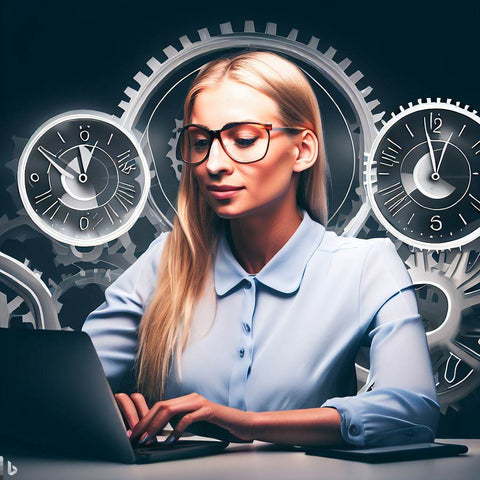 Une femme concentrée devant son ordinateur, avec des horloges en arrière-plan, symbolisant le temps optimisé par l'intelligence artificielle en marketing.