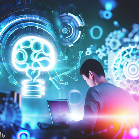 Une animation d'un jeune homme assis devant son ordinateur, avec des engrenages et une ampoule symbolisée sur l'écran, évoquant l'innovation et l'efficacité de l'intelligence artificielle en marketing.