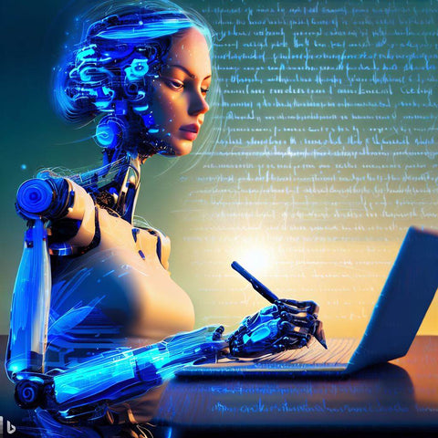 Une femme robot tenant un crayon devant un ordinateur portable pour écrire un article avec ChatGPT