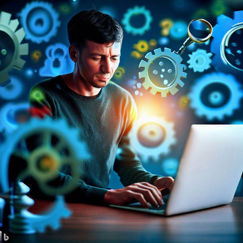 Un homme devant son ordinateur dans un décor animé effectuant sa recherche de mots-clés