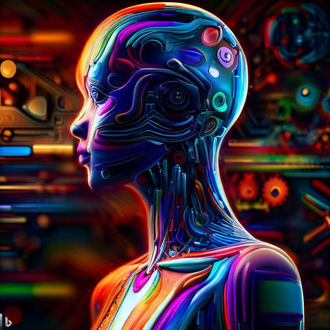 Une belle image artistique d'un robot féminin, représentant la créativité et l'innovation de l'intelligence artificielle en marketing.