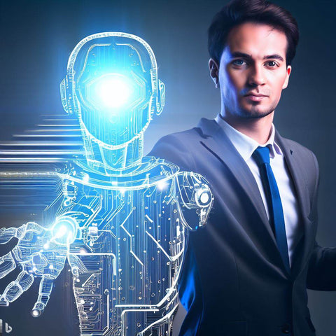 Un homme avec son hologramme de robot émergeant de lui, illustrant l'intégration harmonieuse de l'homme et de la technologie. Cette image met en évidence la possibilité pour l'homme de gagner de l'argent avec ChatGPT grâce à l'utilisation de cette technologie avancée, symbolisant la collaboration entre l'homme et le robot pour atteindre des objectifs financiers