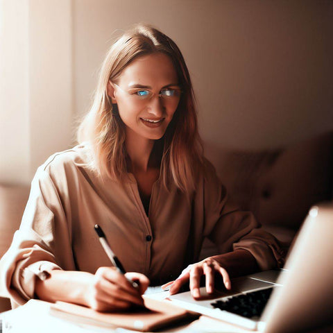 Une femme écrivant sur un cahier tout en travaillant sur son ordinateur en même temps pour écrire un article avec ChatGPT