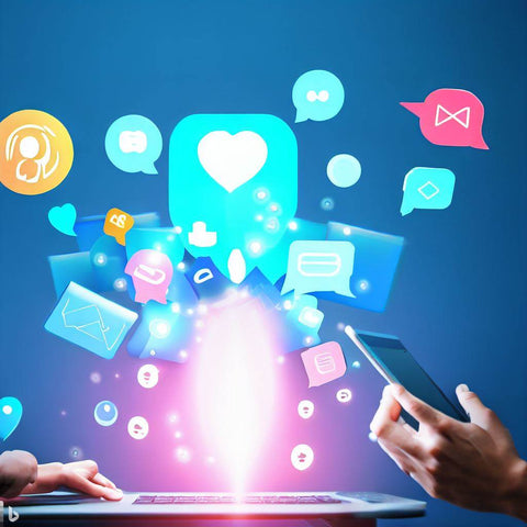 Deux mains travaillant sur une tablette avec des icônes de réseaux sociaux flottant dans l'air. Cette image met en évidence la possibilité de gagner de l'argent avec ChatGPT en exploitant les réseaux sociaux, symbolisant la connexion entre les mains humaines et les opportunités de monétisation offertes par les médias sociaux.