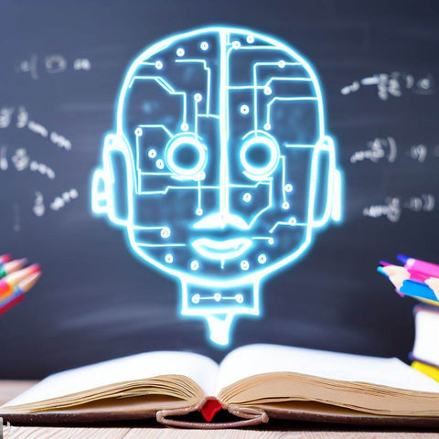 Un livre ouvert et une tête de robot au dessus pour parler d'un générateur de texte intelligence artificielle