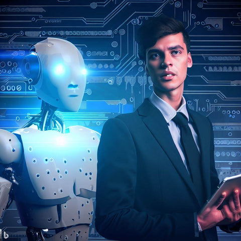 Un robot se tient derrière un homme qui tient une tablette, illustrant l'interaction entre l'homme et la technologie, symbolisant l'intégration de l'intelligence artificielle dans notre quotidien pour gagner de l'argent avec ChatGPT.