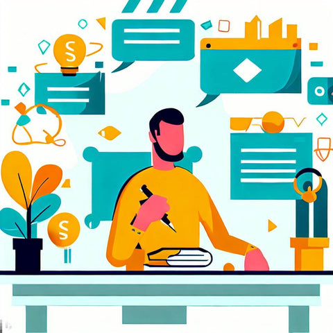 Une image animée d'une figure masculine assise à son bureau avec son crayon à la main, des icônes de documents flottant autour de sa tête, symbolisant la recherche de mots clés