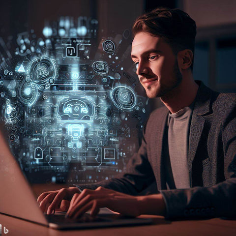 Un homme devant son ordinateur qui utilise un générateur de texte intelligence artificielle