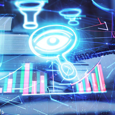 Image éducative futuristique présentant des graphiques de rapport SEO et une loupe avec un œil en son centre, symbolisant l'analyse minutieuse des données.