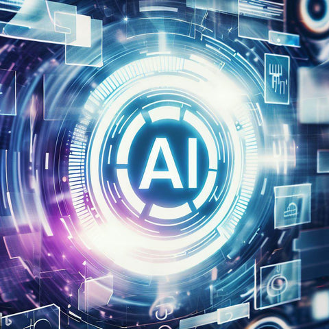 Image de style science fiction avec un orbe et les lettre AI à l'intérieur pour représenter la puissance de l'IA avec un générateur de contenu