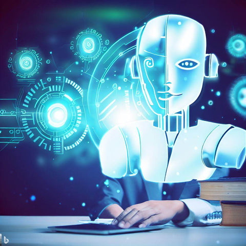 Une image de science fiction avec un homme moitié robot qui utilise un générateur de texte intelligence artificielle