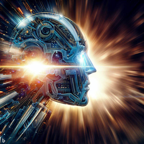 Une image impressionnante illustrant la puissance de l'intelligence artificielle avec une tête robotique, soulignant le rôle transformateur de l'intelligence artificielle en marketing.